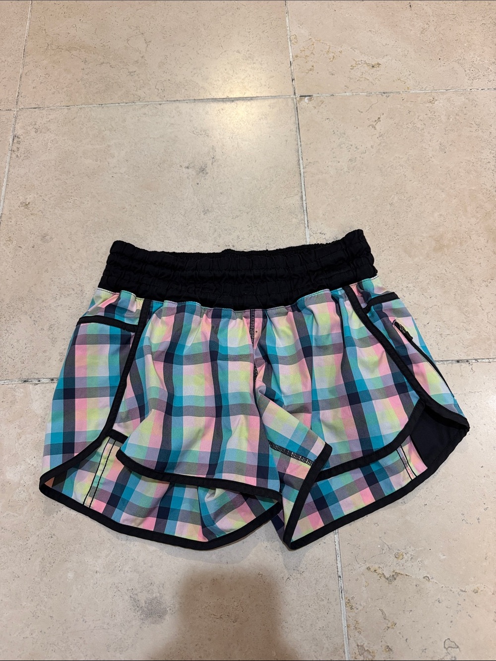 lululemon athletica Pastel Plaid Athletic Shorts with Black Trim